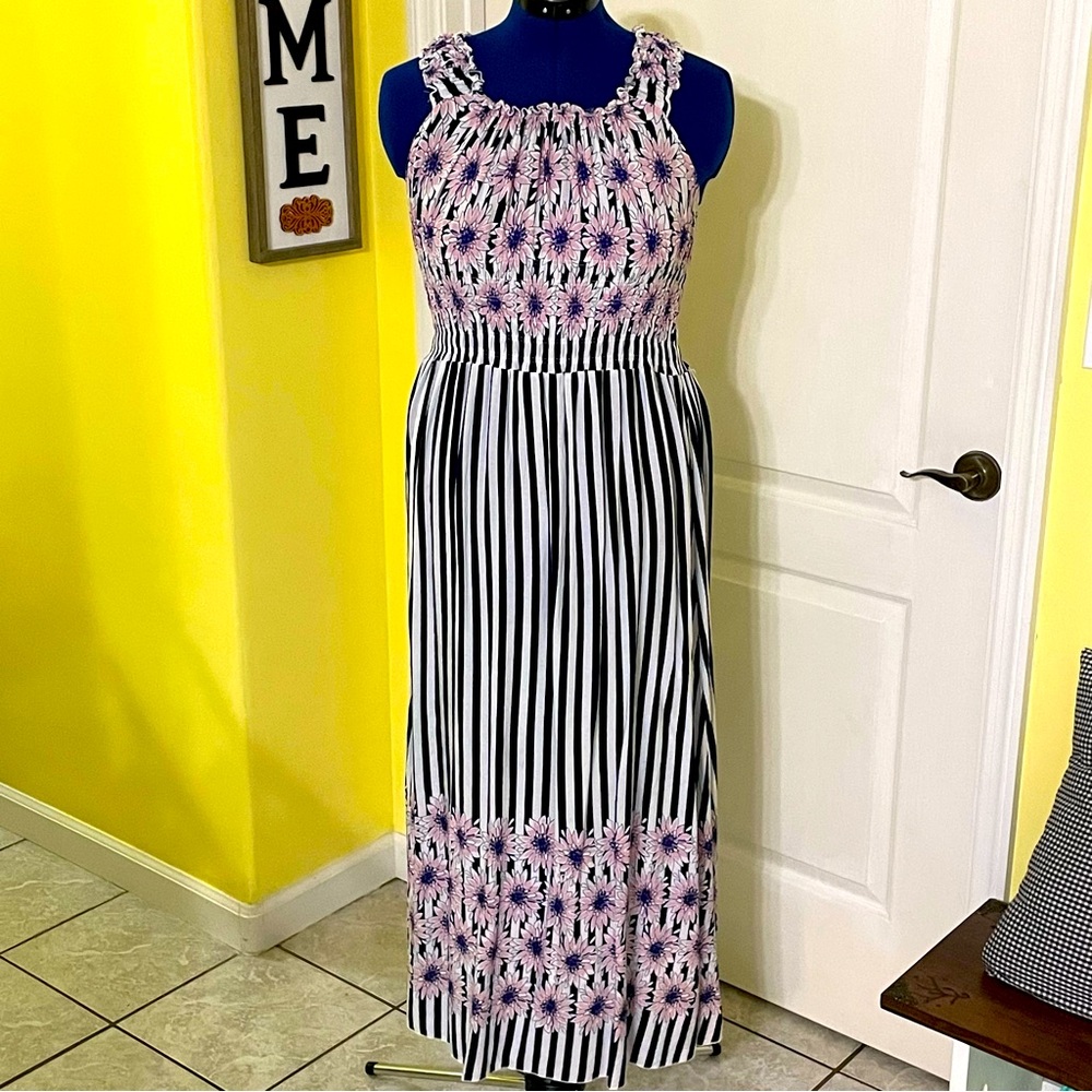 Julia Maxi Sundress with Stripes and Purple Flowers